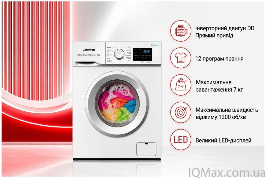 Вузька інверторна пральна машина на 7 кг Liberton LWM-4950 86164 фото