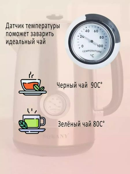Електрочайник із термометром Sokany SK-1031 безшумний з нержавіючої сталі 1,7 л 84715 фото