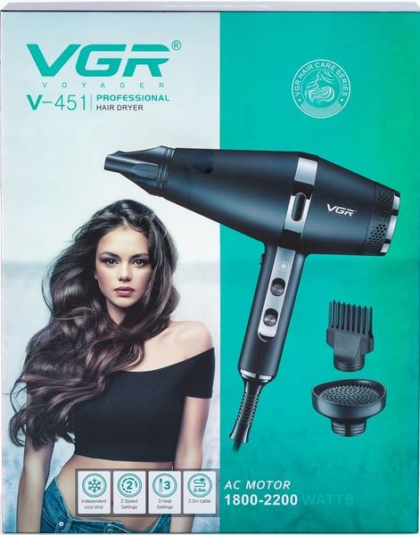 Фен для волосся VGR V-451 професійний з трьома насадками 84572 фото